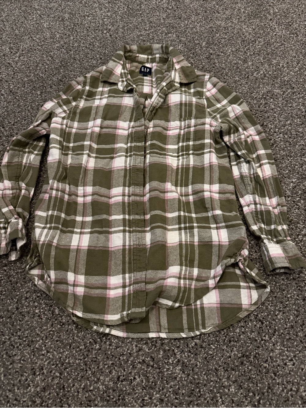 GAP Olive Green Plaid Button-Down Shirt with Pink Accents